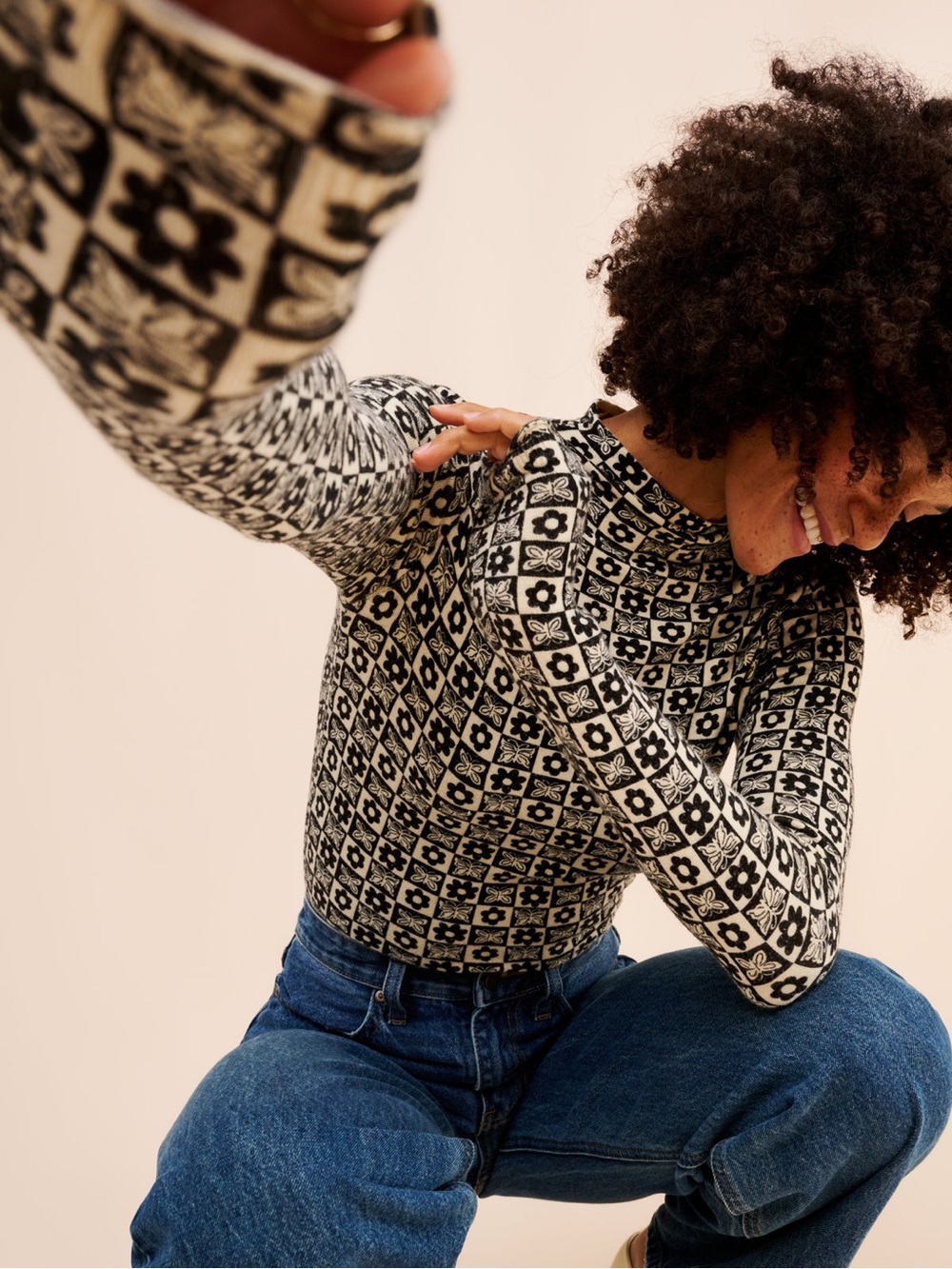Urban Outfitters Ellie Printed Mock-Neck Black & Cream Floral Tile Sweater